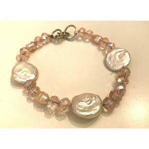 Pink Bead White Stone Silvertone Hardware 8"L Bracelet S Clasp